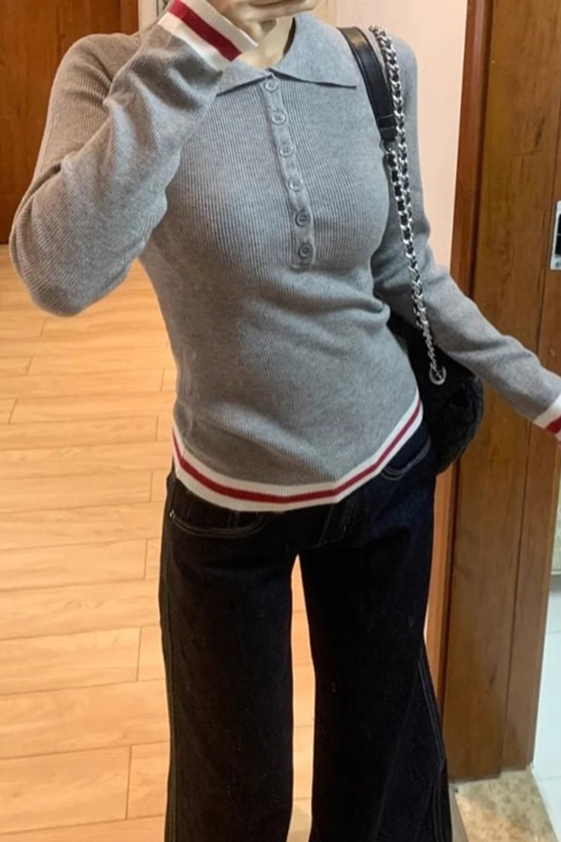 Ribbed Polo Button-Down Long Sleeve Top