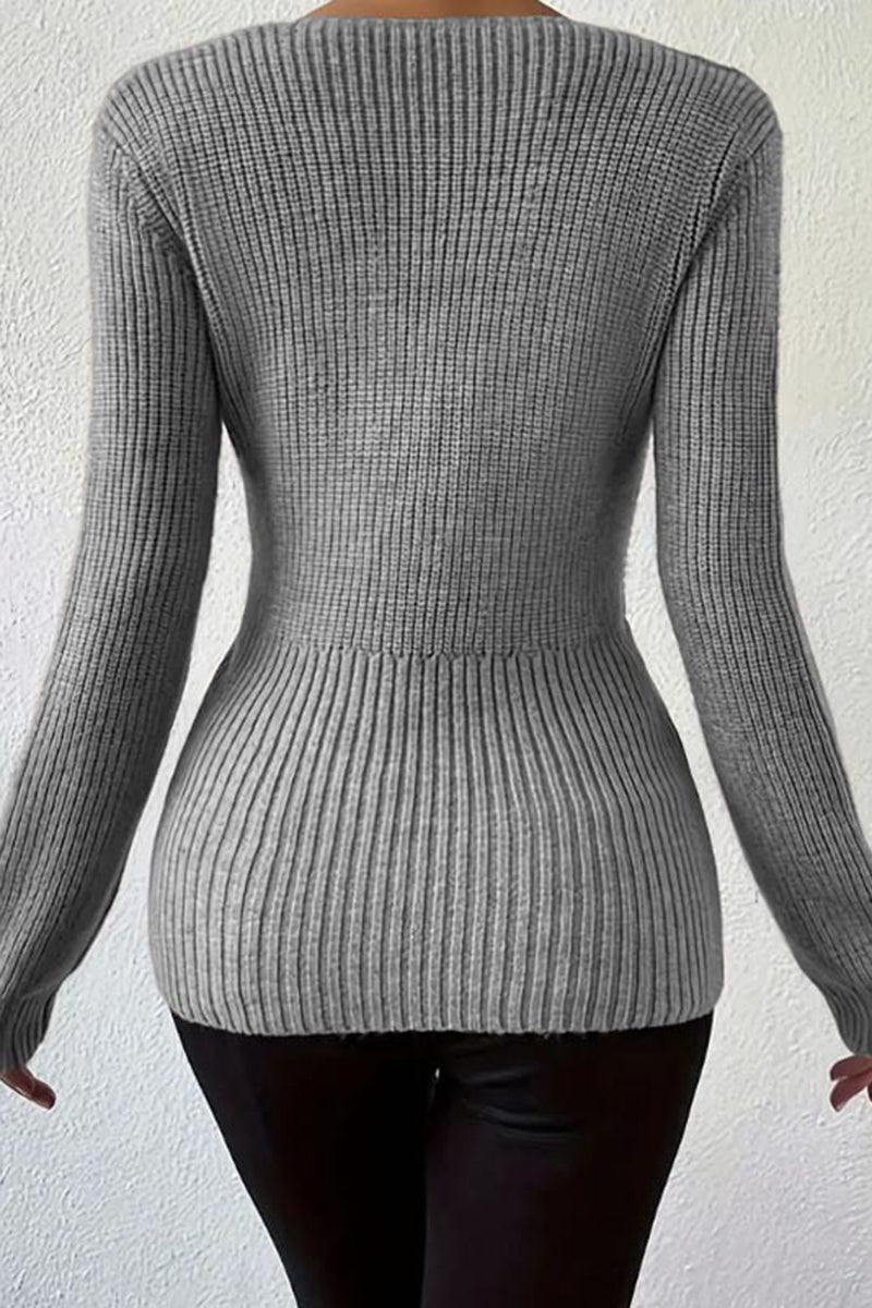 Knotted V-Neck Ribbed Sweater