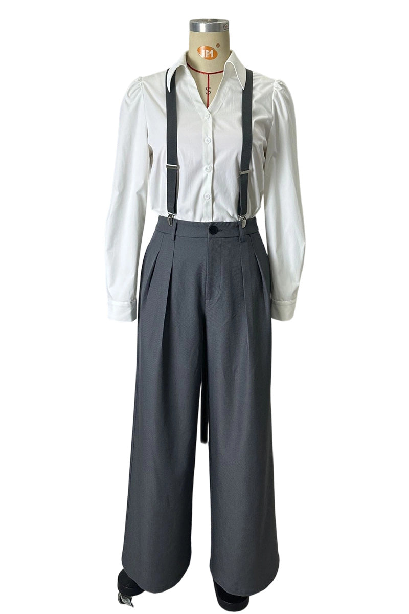 Button-Up Shirt & High-Waist Suspender Set