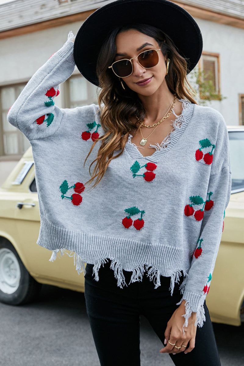 V-Neck Cherry Pattern Frayed Sweater