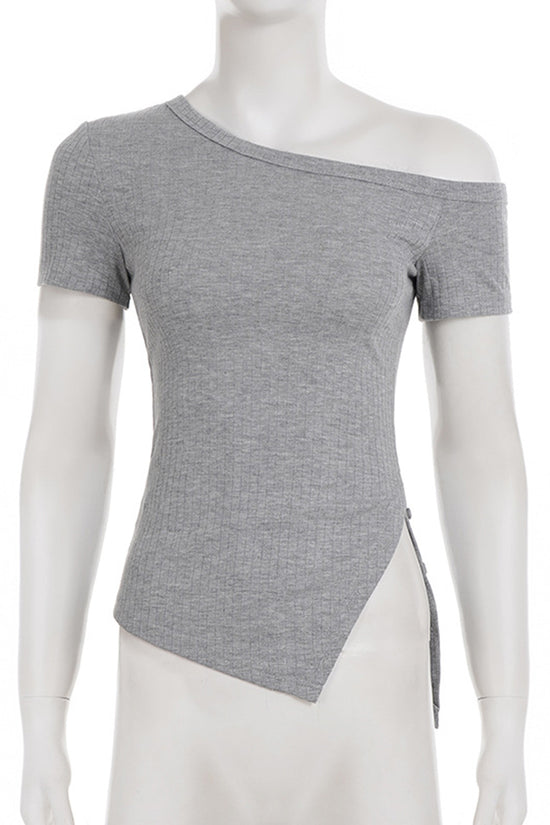 Asymmetric Shoulder Tee with Button Detail