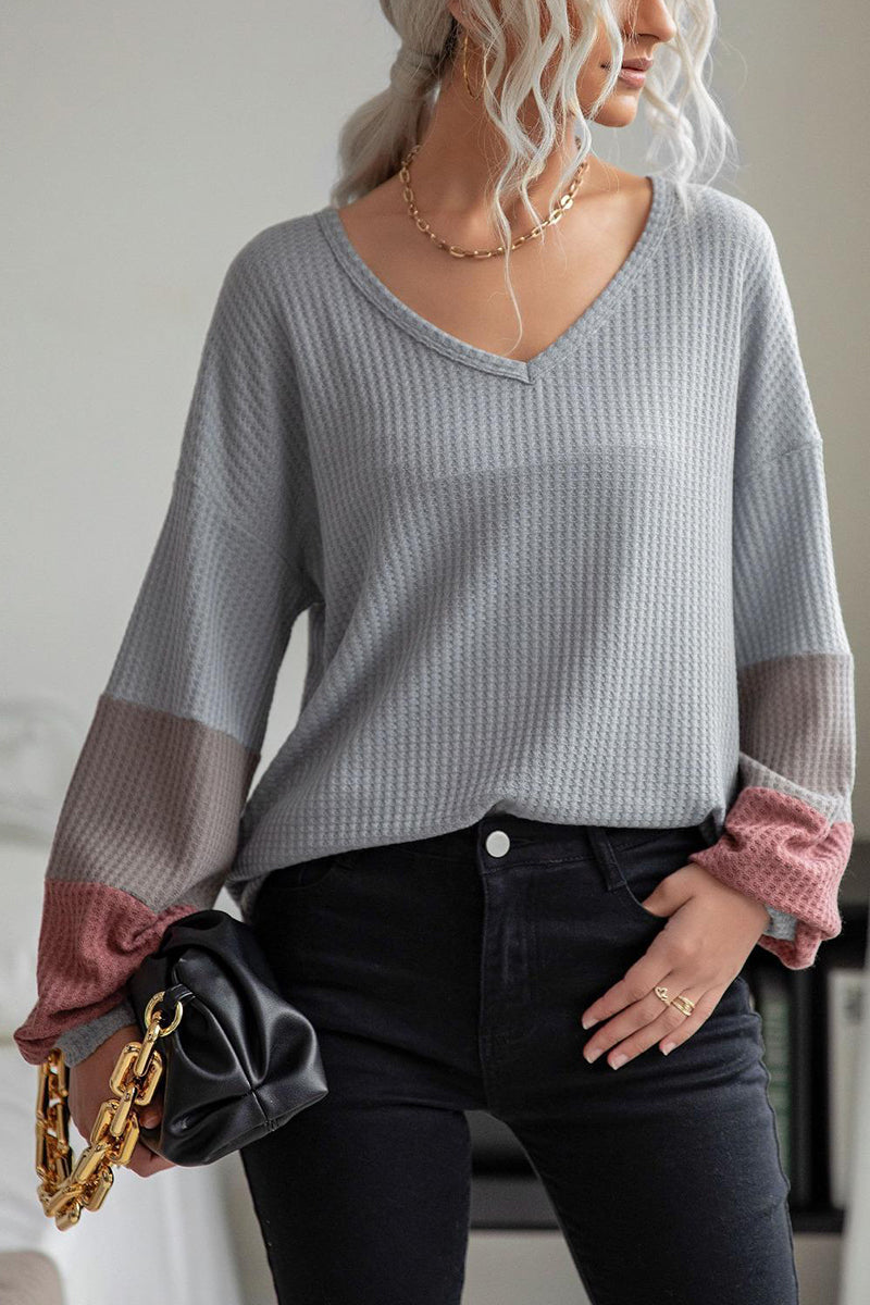 V-Neck Color Block Long Sleeve Top