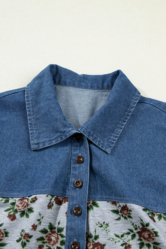 Retro Floral Patchwork Buttoned Polo Collar Top