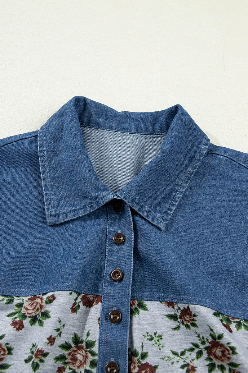 Retro Floral Patchwork Buttoned Polo Collar Top