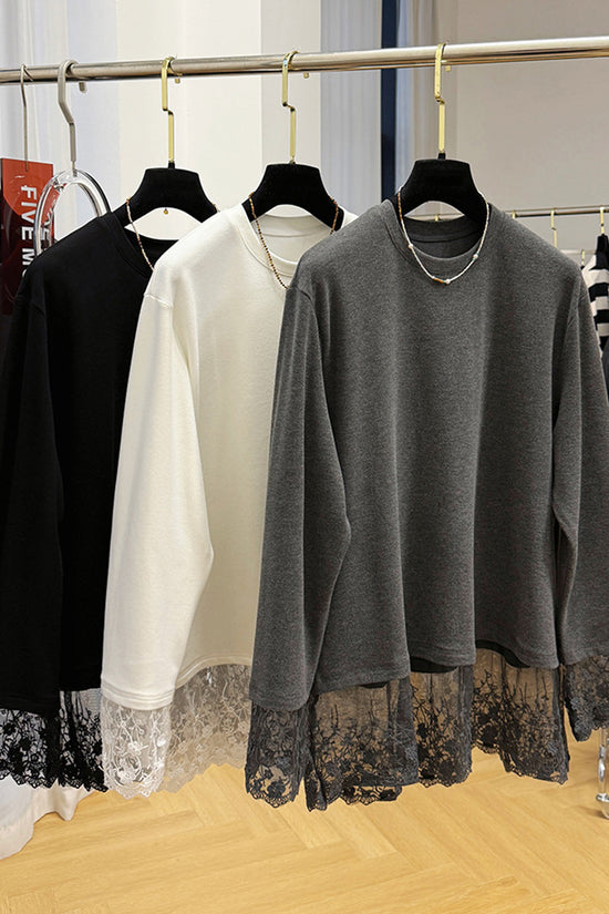 Lace Trim Long Sleeve Loose Fit Top