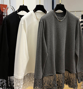Lace Trim Long Sleeve Loose Fit Top
