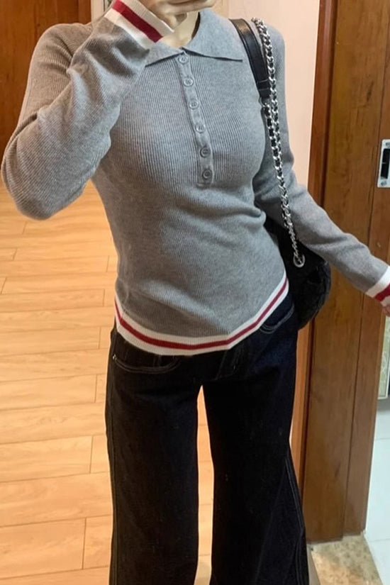 Button-Up Ribbed Long Sleeve Polo