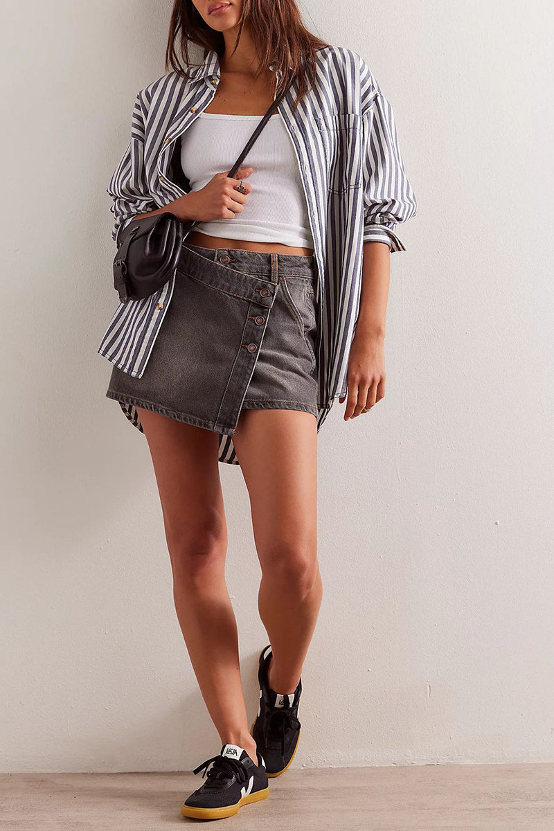 Asymmetric Buttoned Denim Shorts