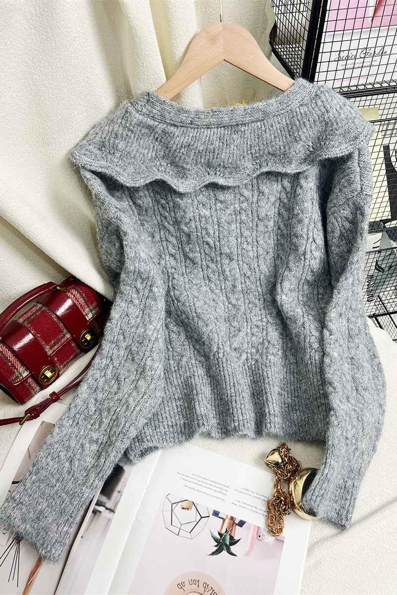 Cable Knit Sweater with Scalloped Collar
