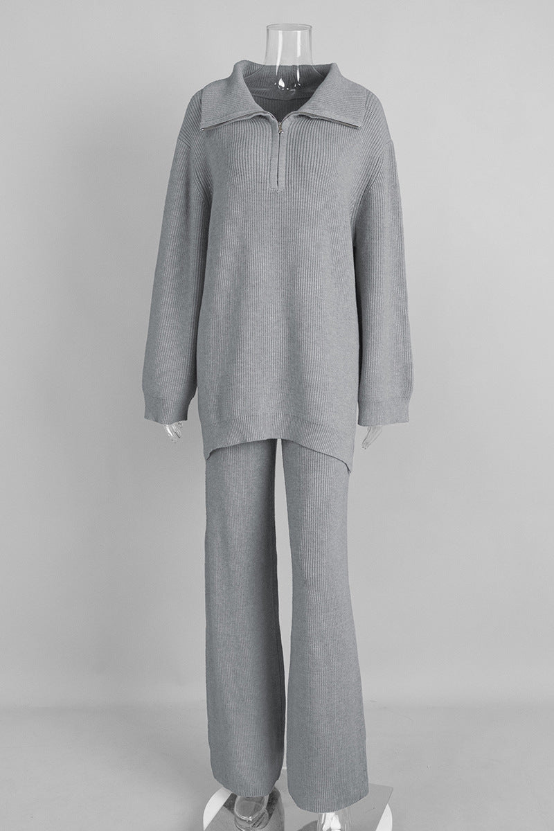 Cozy Zip-Up Sweater and Flare Pants Set