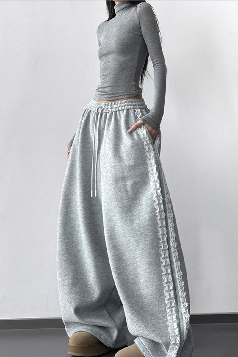 Wide-Leg Lace Trim Casual Pants