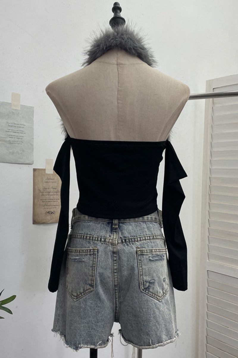 Fluffy Halter Neck Tank with Ribbon Bow