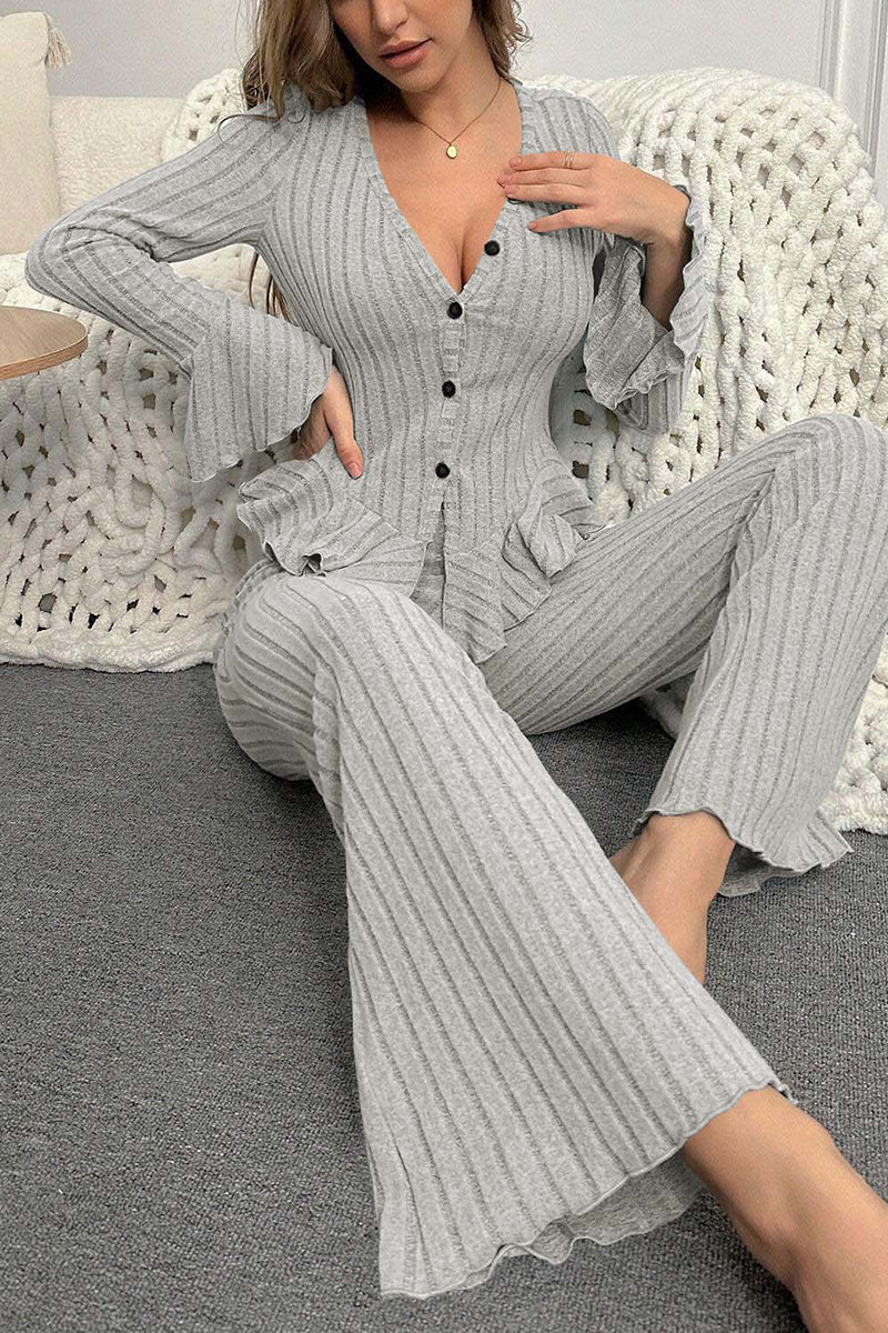 Ribbed Knit Long Sleeve Loungewear Set