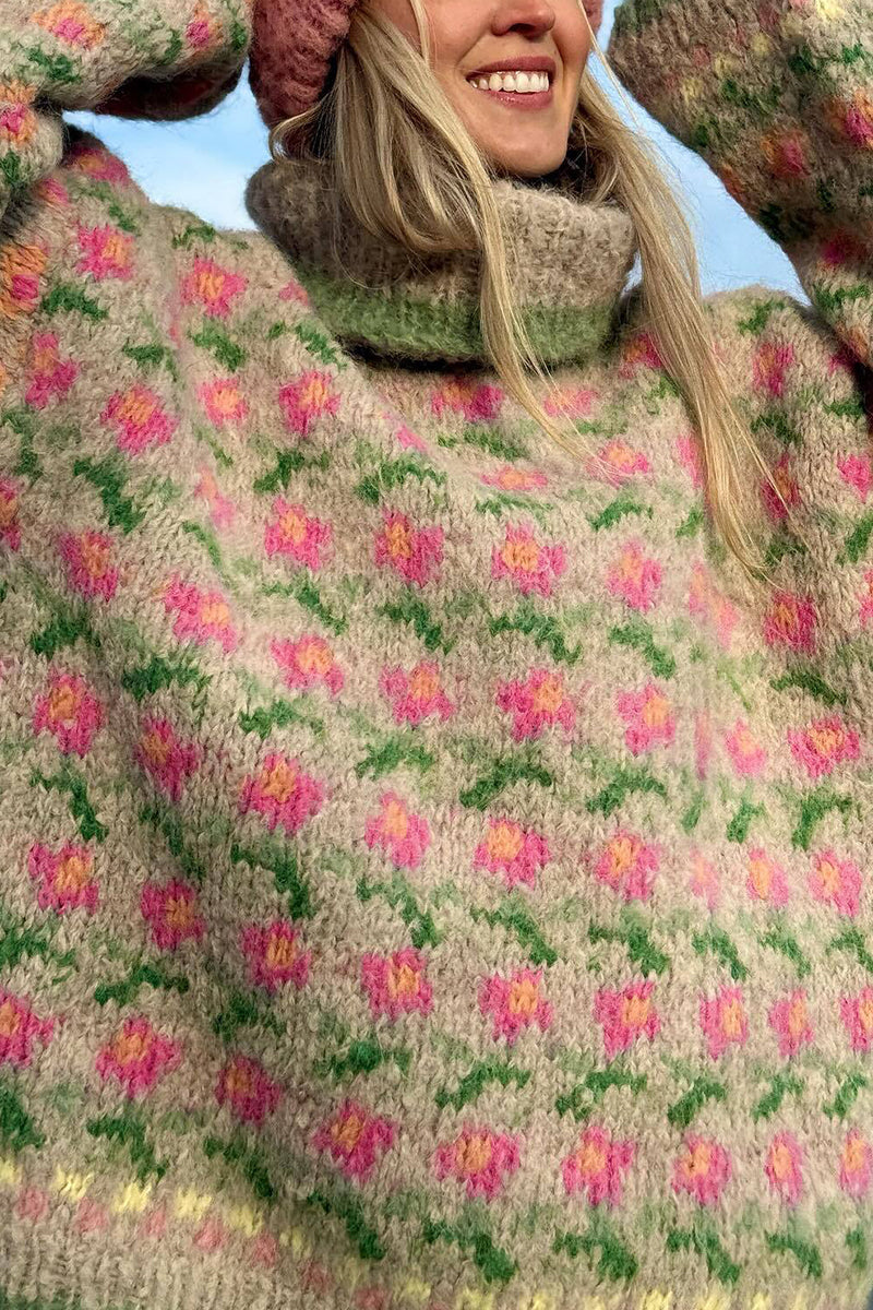 Cozy Floral Knit Turtleneck Sweater