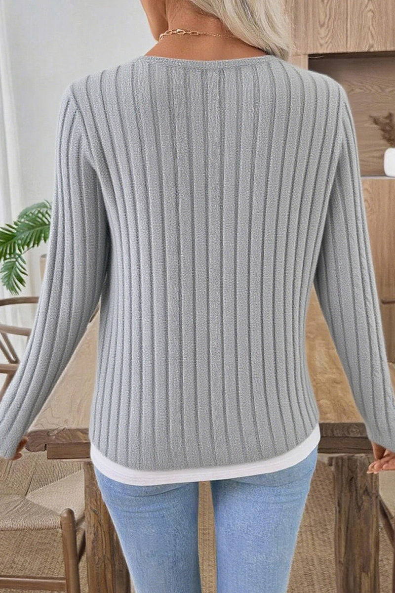 Ribbed Button Detail Long Sleeve Top