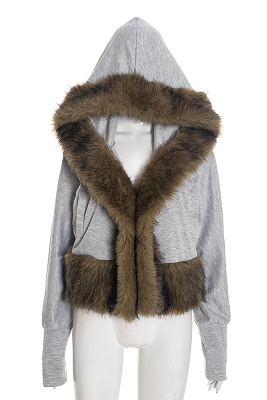Hooded Faux Fur Trim Cropped Jacket