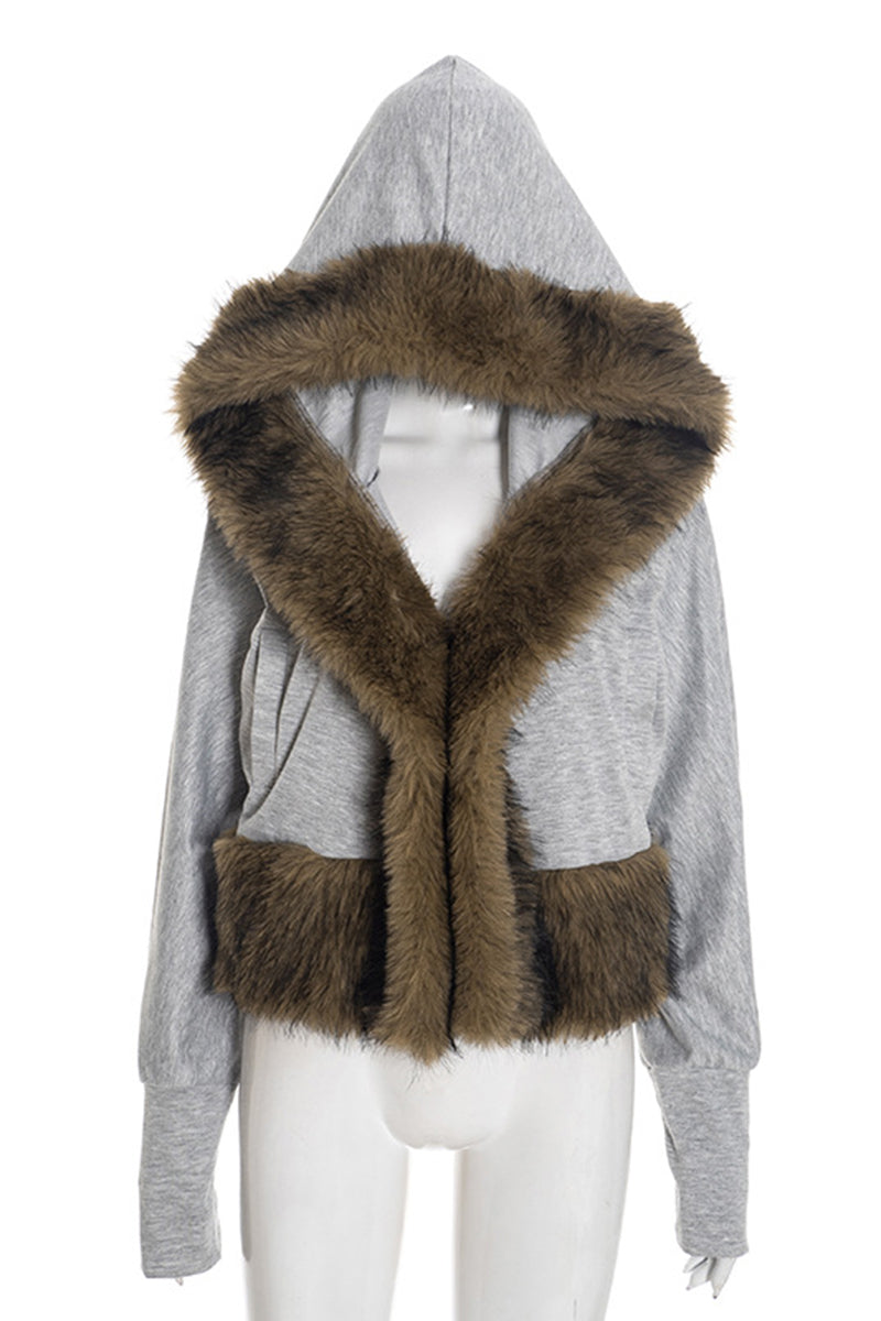 Hooded Faux Fur Trim Cropped Jacket