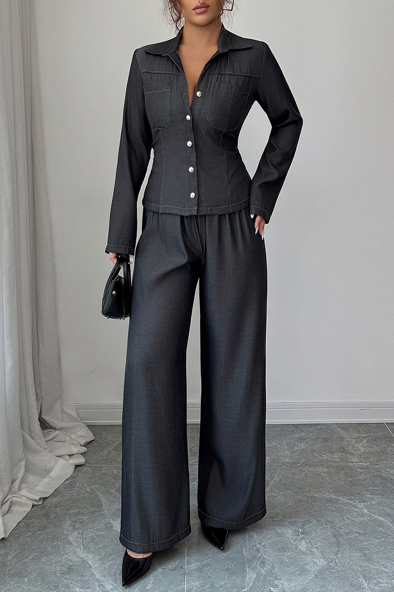 Stylish Button-Up Wide-Leg Pants Set