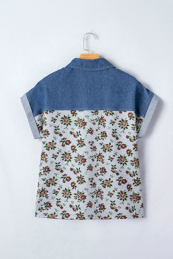 Retro Floral Patchwork Buttoned Polo Collar Top
