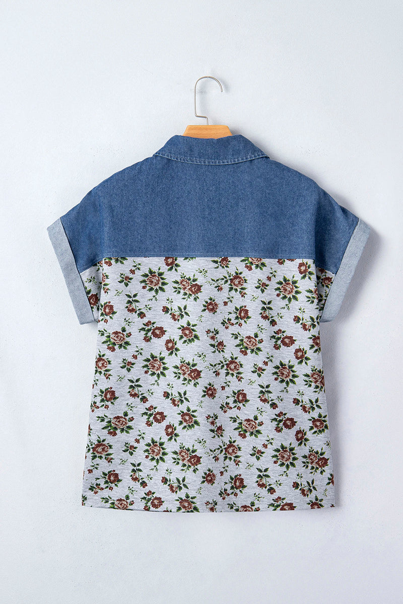 Retro Floral Patchwork Buttoned Polo Collar Top