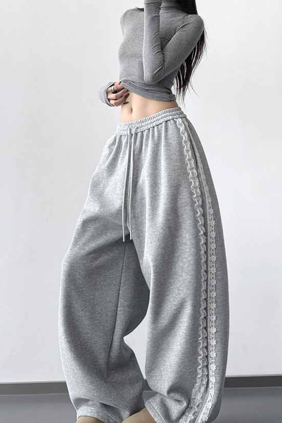 Wide-Leg Lace Trim Casual Pants
