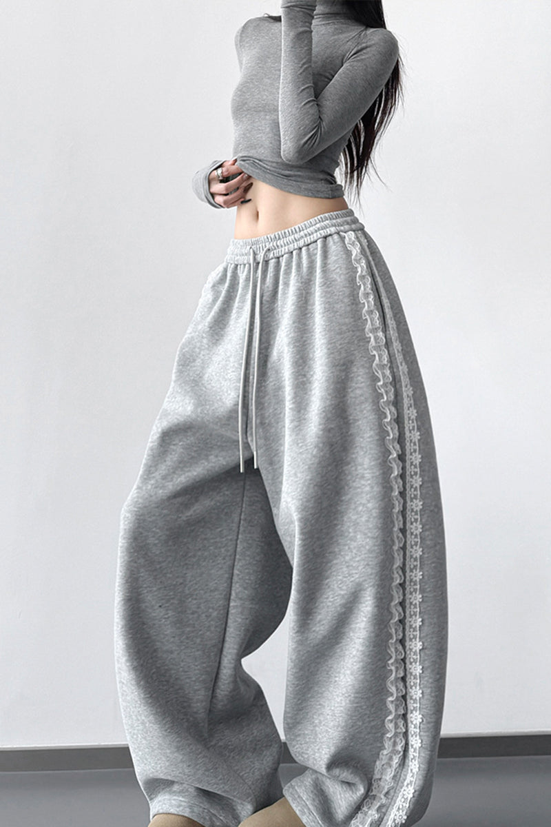 Wide-Leg Lace Trim Casual Pants
