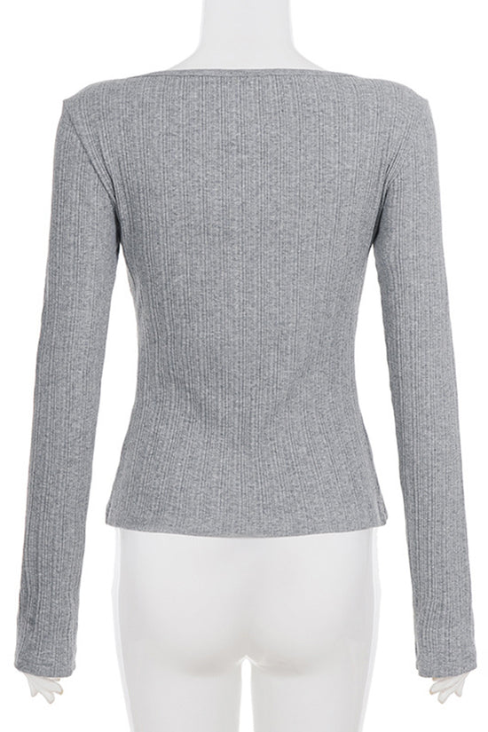 Lace-Up Long Sleeve Ribbed T-Shirt