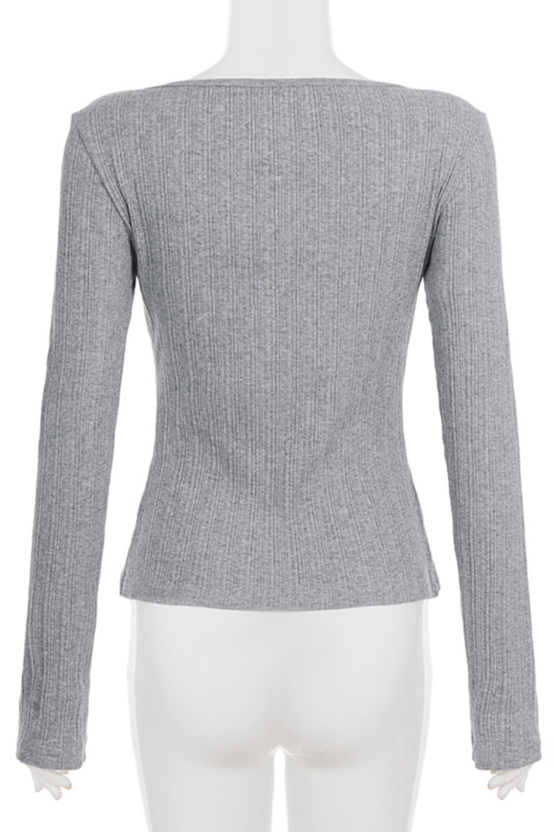 Lace-Up Long Sleeve Ribbed T-Shirt