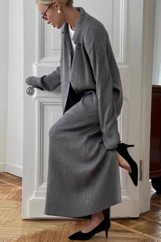 Chic Collared Long Sleeve Skirt Set
