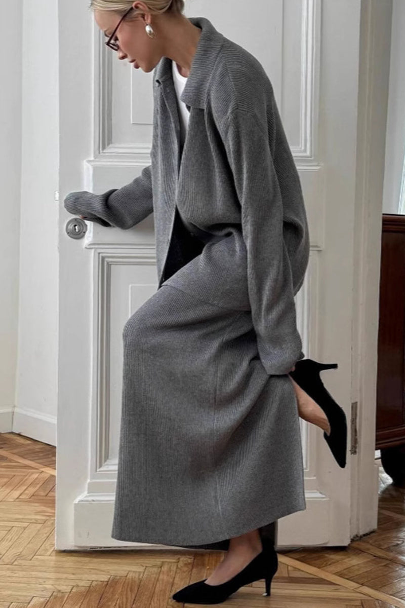 Chic Collared Long Sleeve Skirt Set