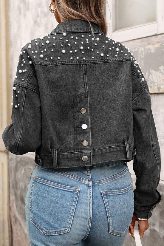 Pearl Embellished Cropped Denim Jacket