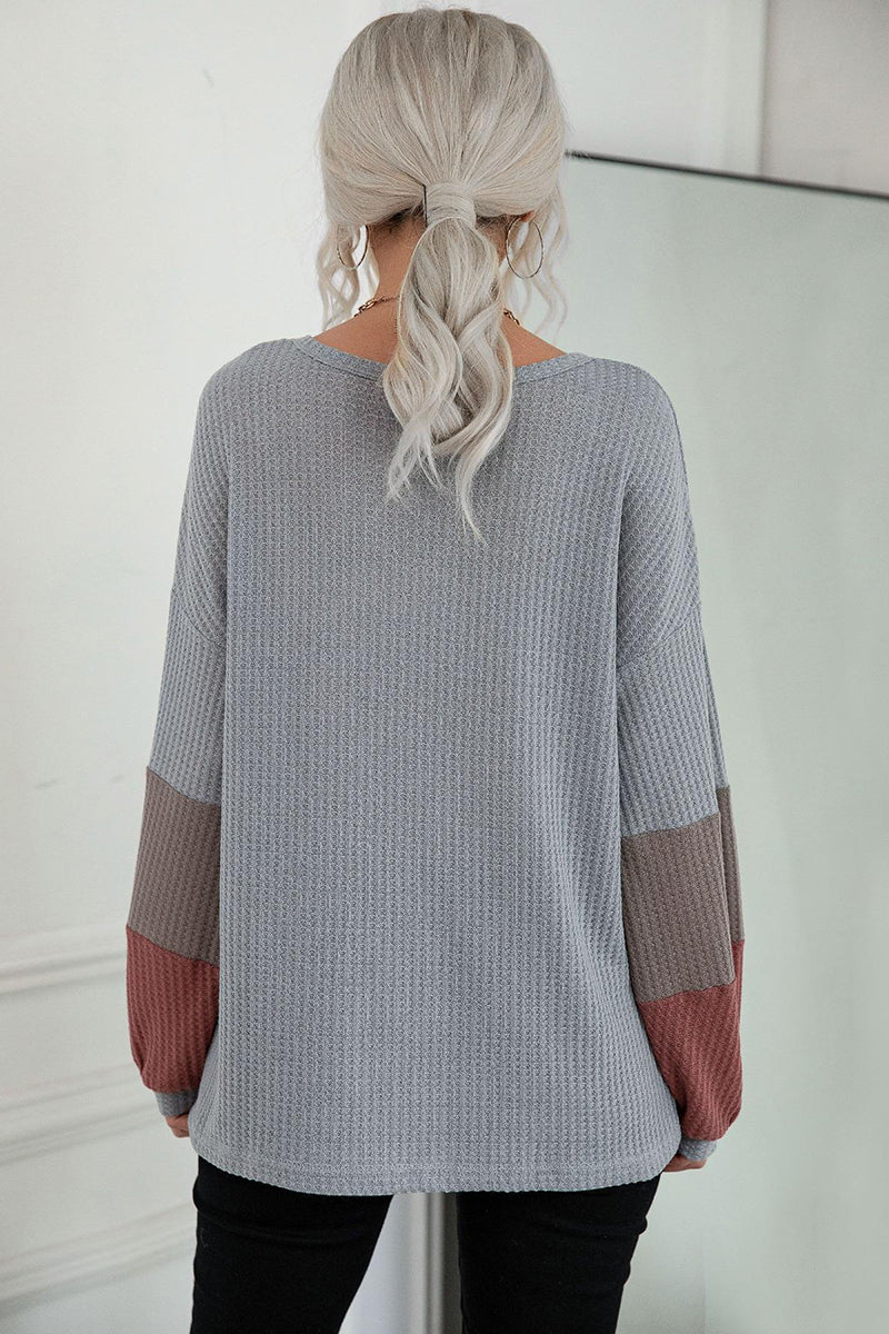 V-Neck Color Block Long Sleeve Top