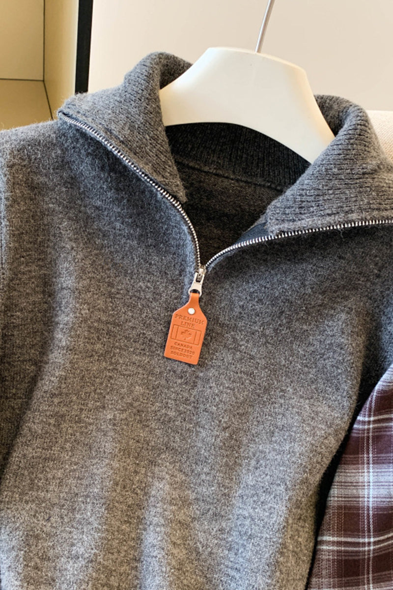 Zip-Up Plaid Patchwork Sweatshirt