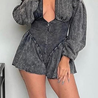 Chic Long Sleeve Denim Romper