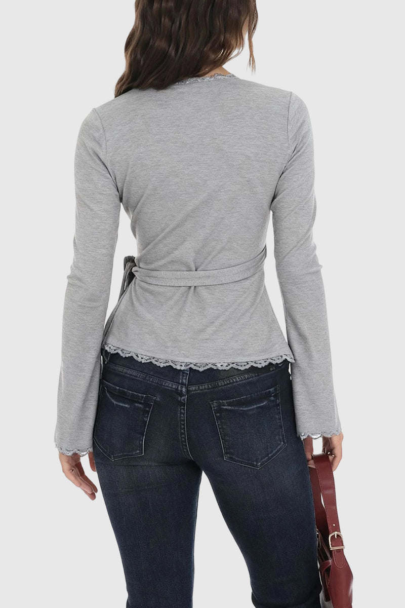 Elegant Wrap Lace Trim Blouse