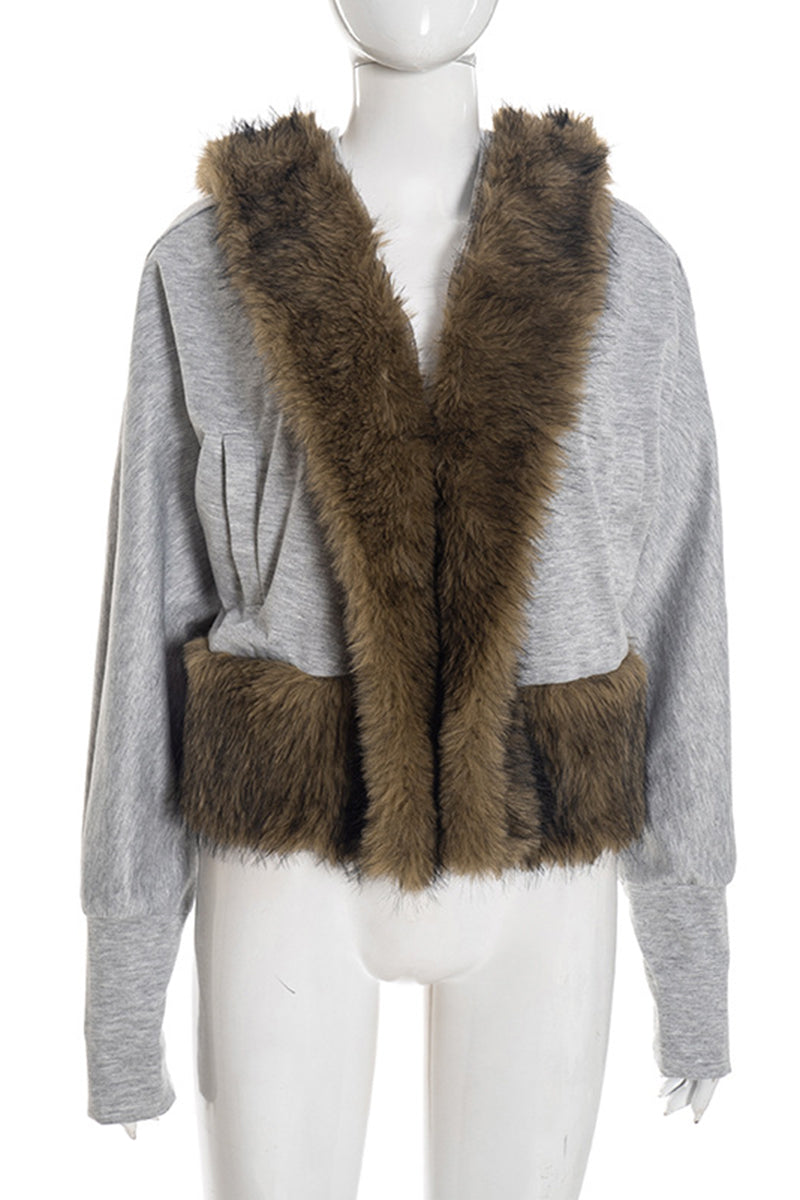 Hooded Faux Fur Trim Cropped Jacket