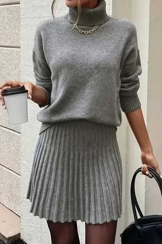 Chic Ribbed Turtleneck Skirt Set