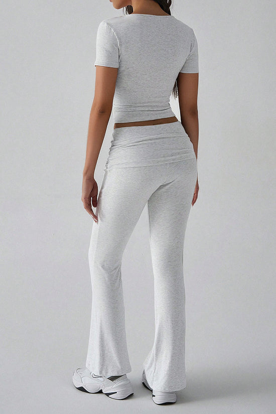 V-Neck Short Sleeve Top and Flared Pants Set