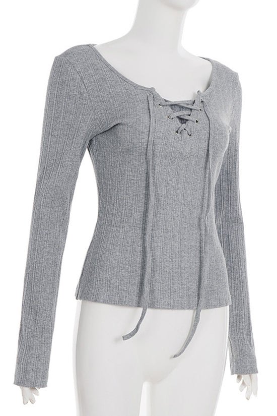 Lace-Up Long Sleeve Ribbed T-Shirt