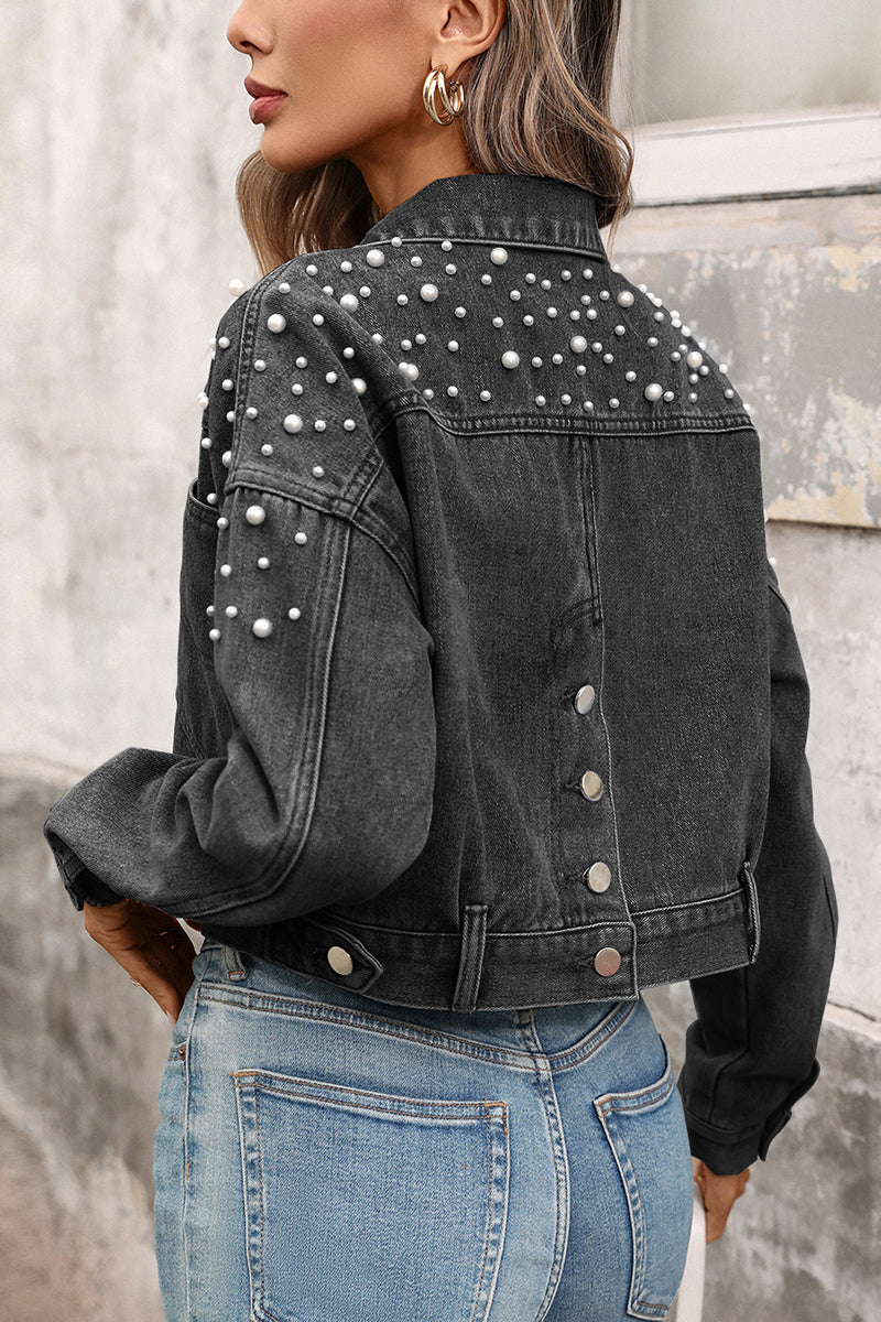 Pearl Embellished Cropped Denim Jacket
