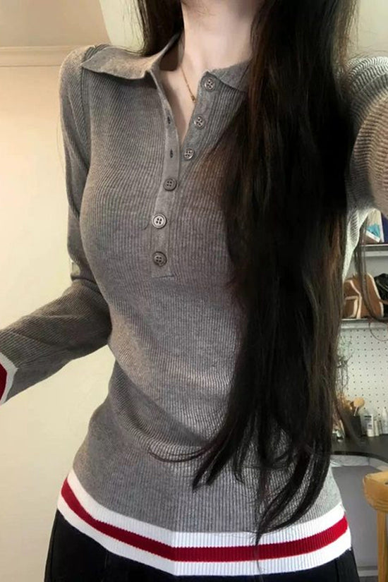 Button-Up Ribbed Long Sleeve Polo