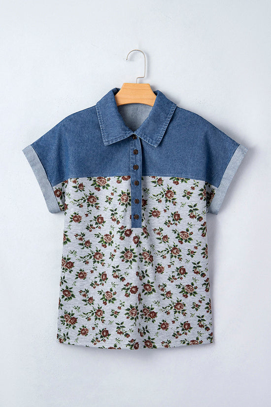 Retro Floral Patchwork Buttoned Polo Collar Top