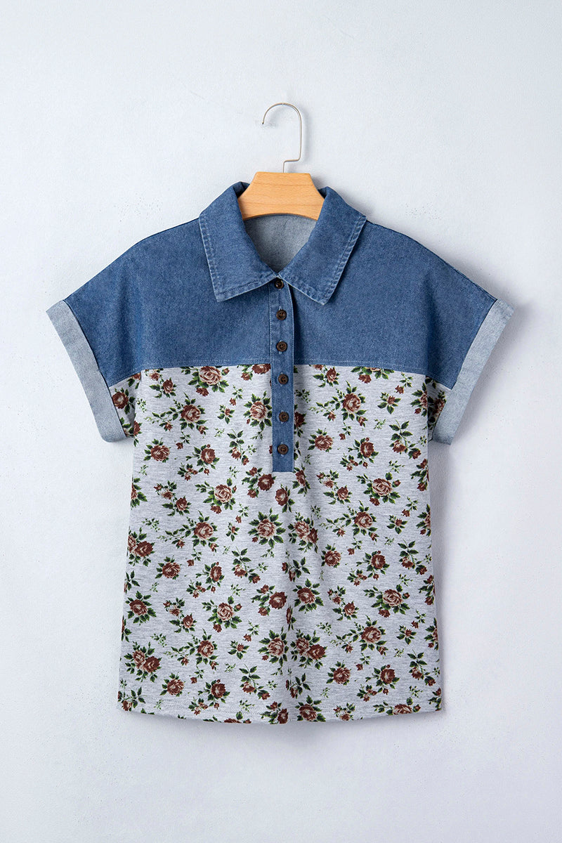 Retro Floral Patchwork Buttoned Polo Collar Top
