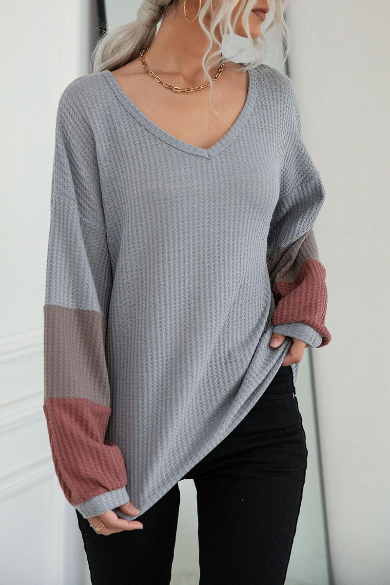 V-Neck Color Block Long Sleeve Top