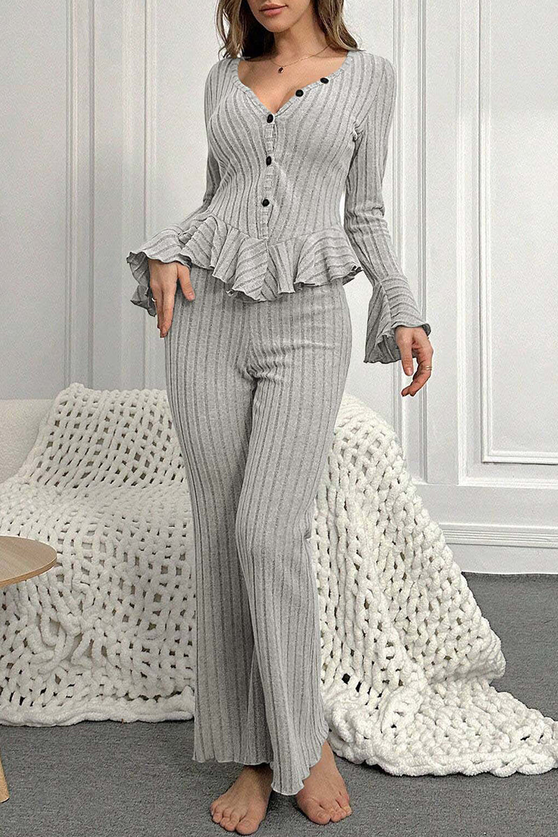 Ribbed Knit Long Sleeve Loungewear Set