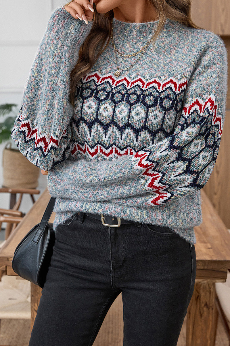 Geometric Pattern Balloon Sleeve Sweater