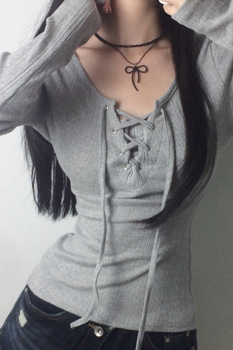 Lace-Up Long Sleeve Ribbed T-Shirt