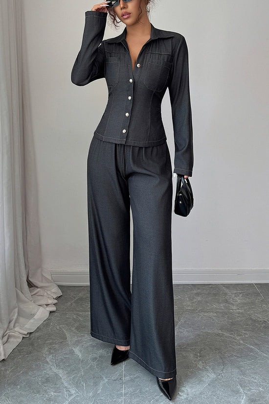 Stylish Button-Up Wide-Leg Pants Set