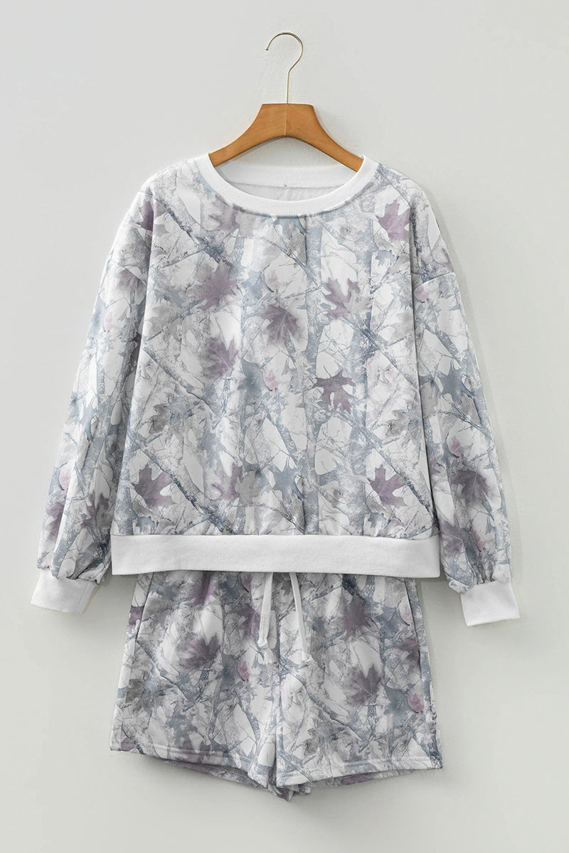 Abstract Woodland Print Drawstring Shorts Set