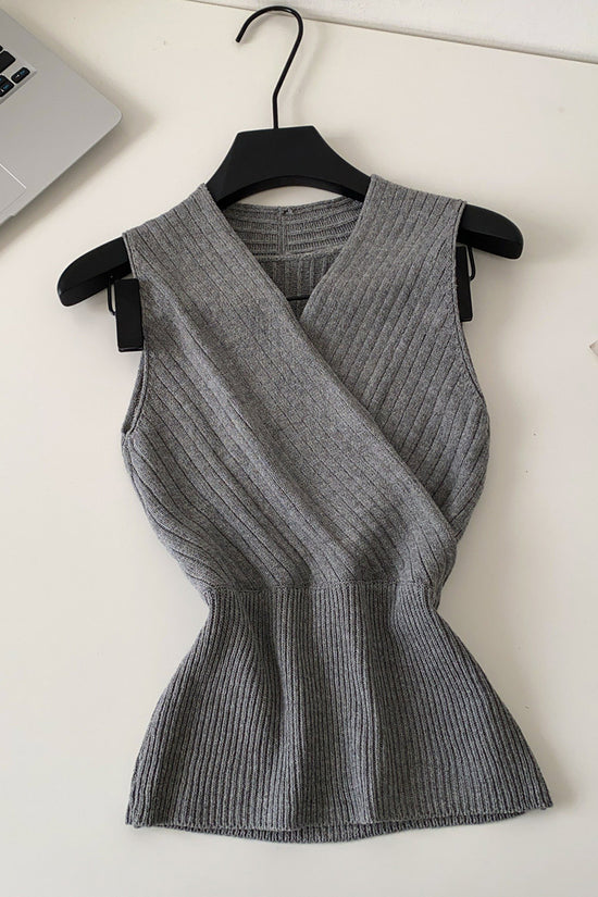 Ribbed Wrap Front Sleeveless Top